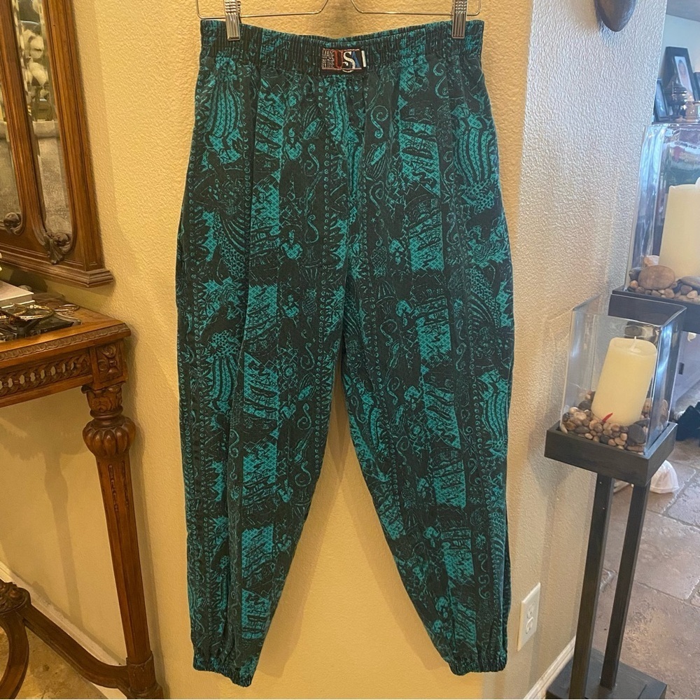Vintage MADE IN THE USA Teal Black Patterned Pants Size XL